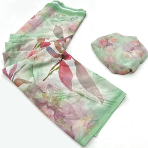 Light Green Floral Digital Printed Georgette Saree