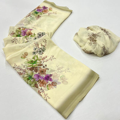 Cream Floral Digital Printed Georgette Saree