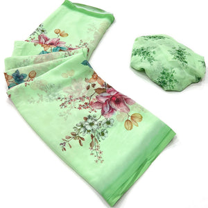 Light Green Floral Digital Printed Georgette Saree