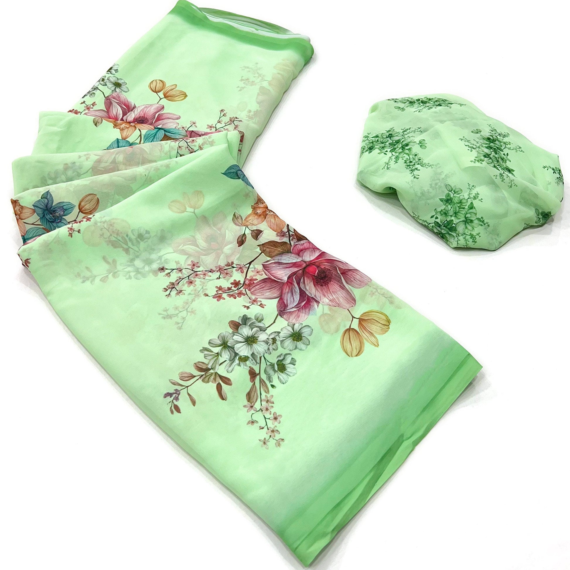 Light Green Floral Digital Printed Georgette Saree