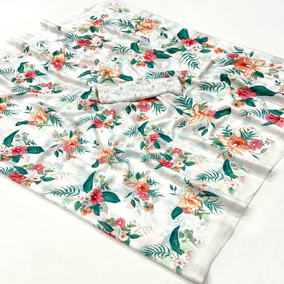 White Floral Digital Printed Georgette Saree