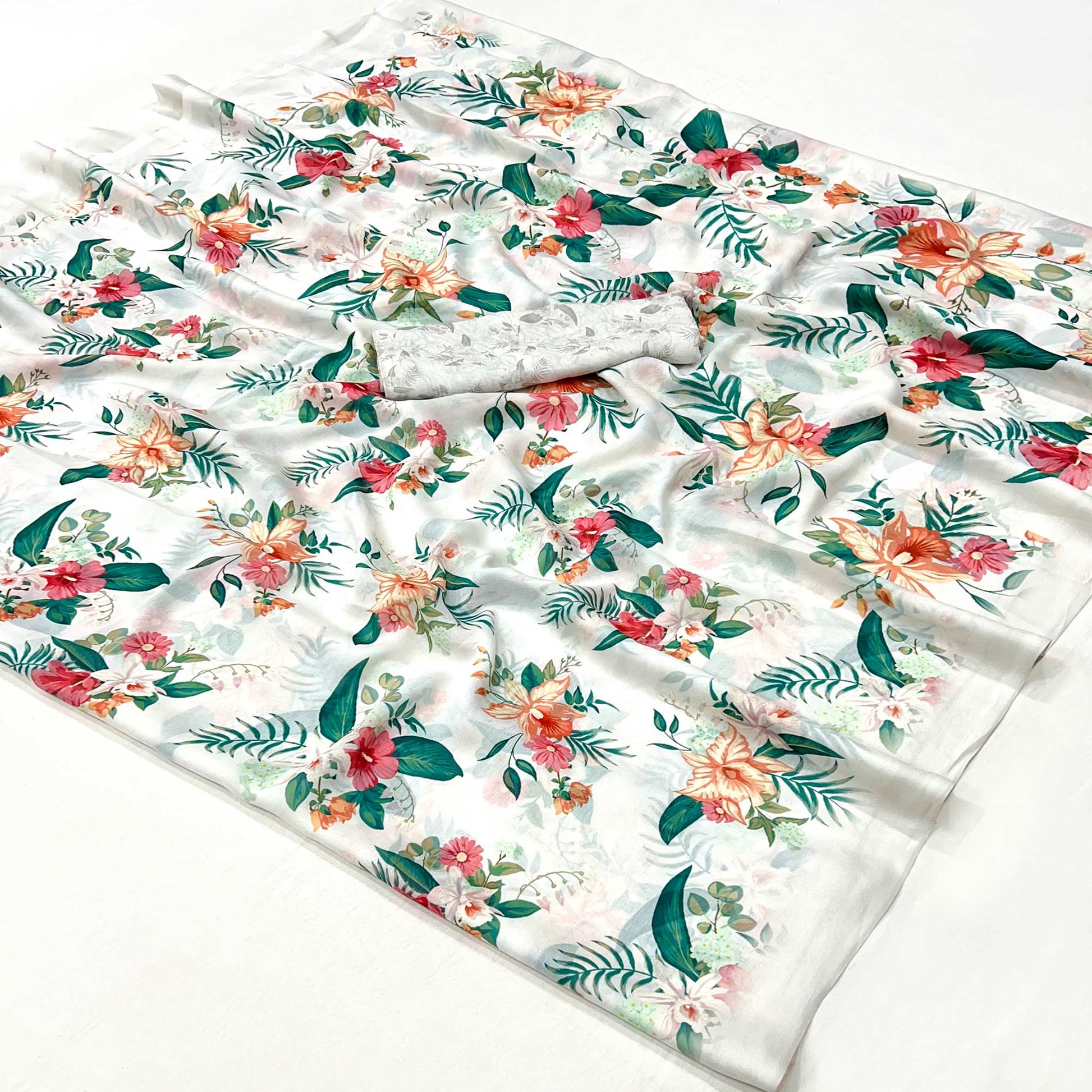 White Floral Digital Printed Georgette Saree