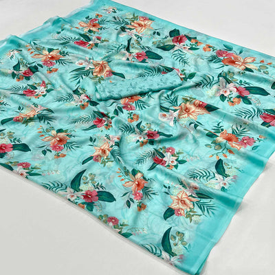 Turquoise Floral Digital Printed Georgette Saree