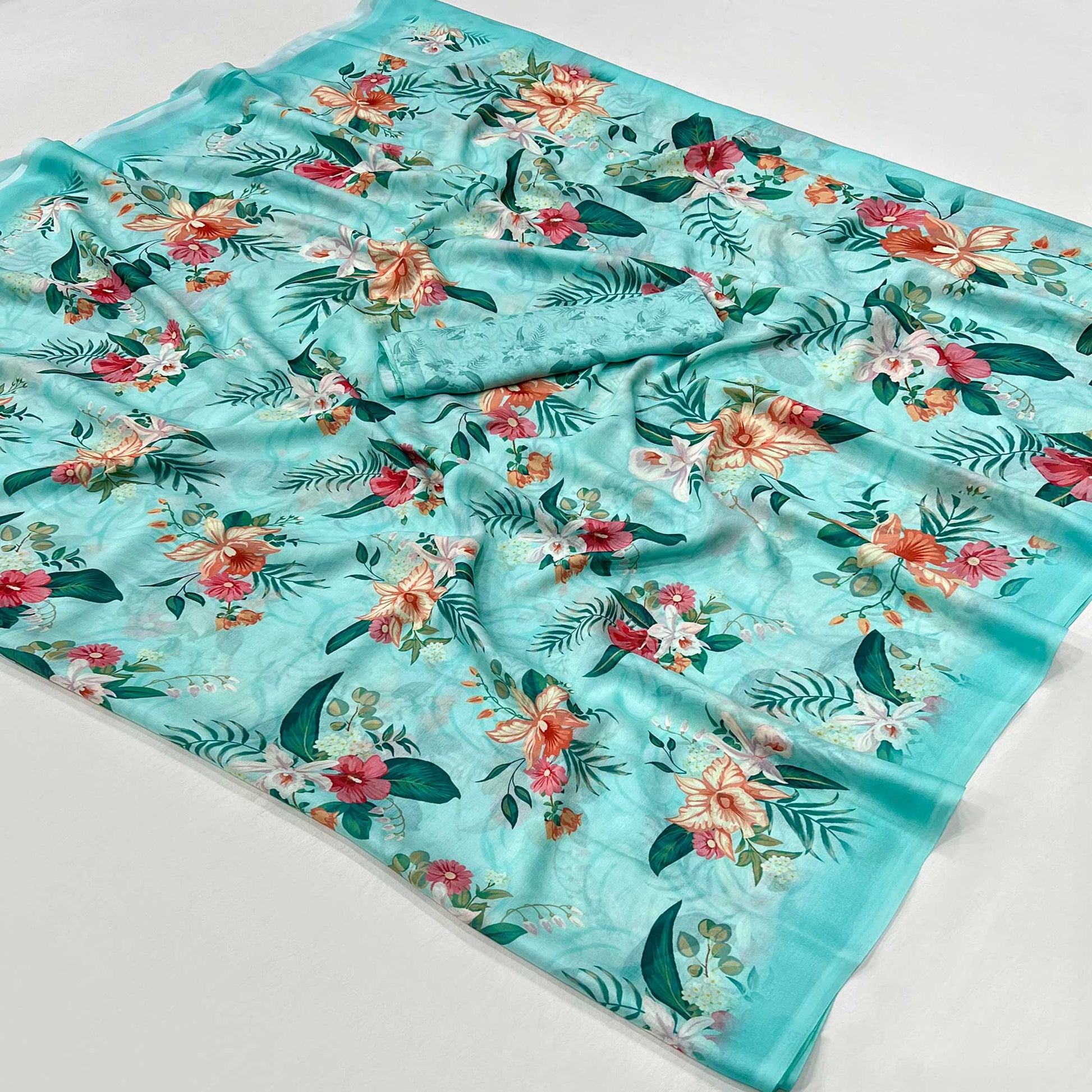 Turquoise Floral Digital Printed Georgette Saree