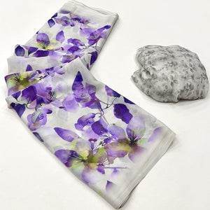 White & Purple Floral Digital Printed Georgette Saree