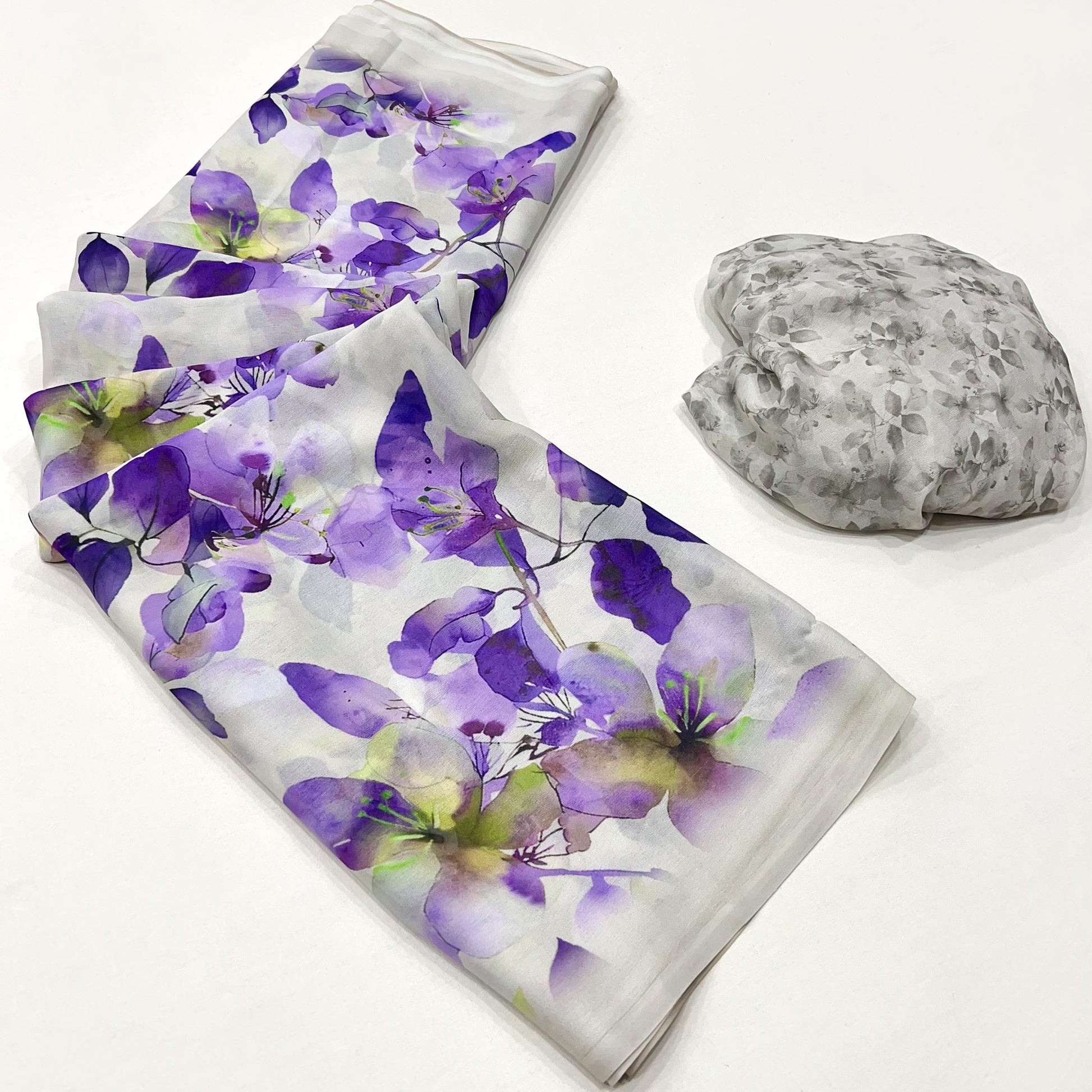 White & Purple Floral Digital Printed Georgette Saree