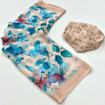 Peach & Blue Floral Digital Printed Georgette Saree