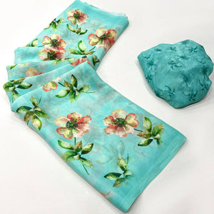 Turquoise Floral Digital Printed Georgette Saree