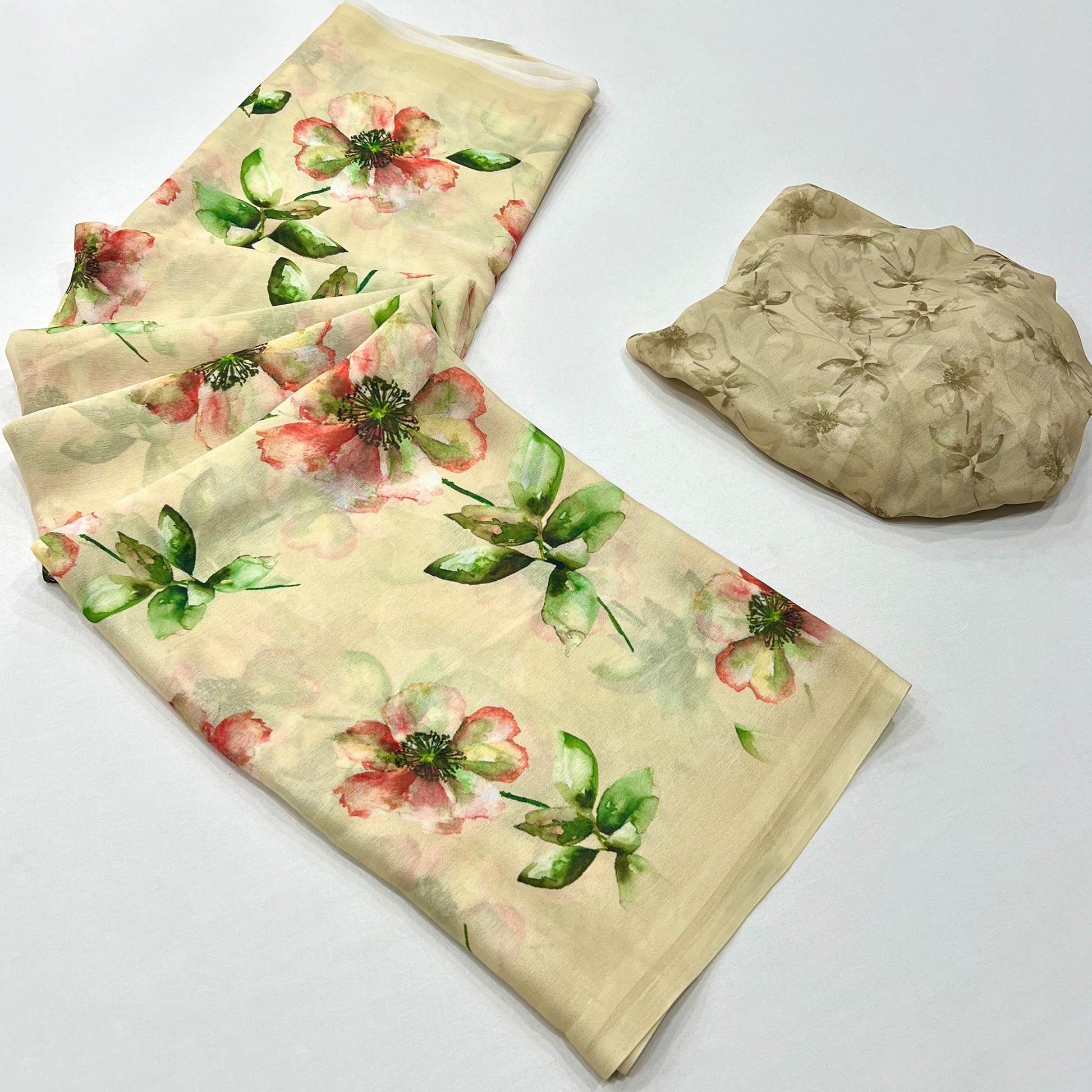 Cream Floral Digital Printed Georgette Saree