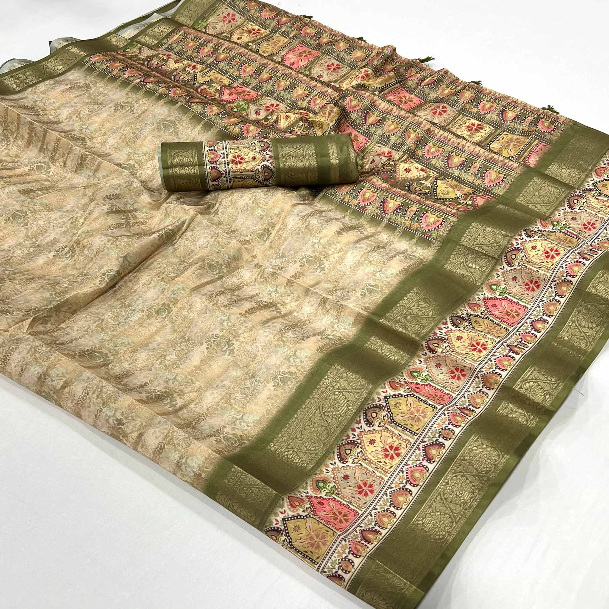Mehendi Green Floral Woven With Digital Printed Art Silk Saree