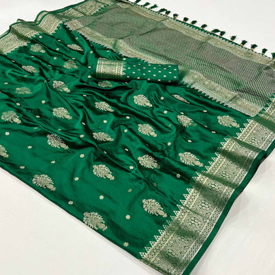 green-floral-woven-satin-silk-saree-with-tassels