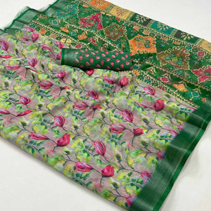 green-floral-digital-printed-linen-saree-with-zari-border