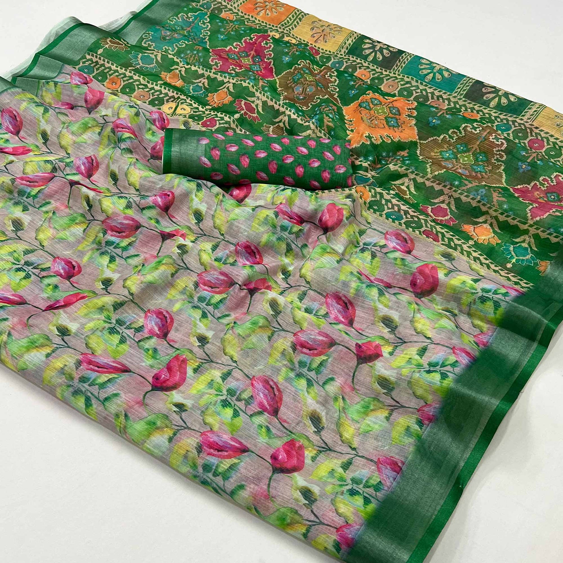 green-floral-digital-printed-linen-saree-with-zari-border