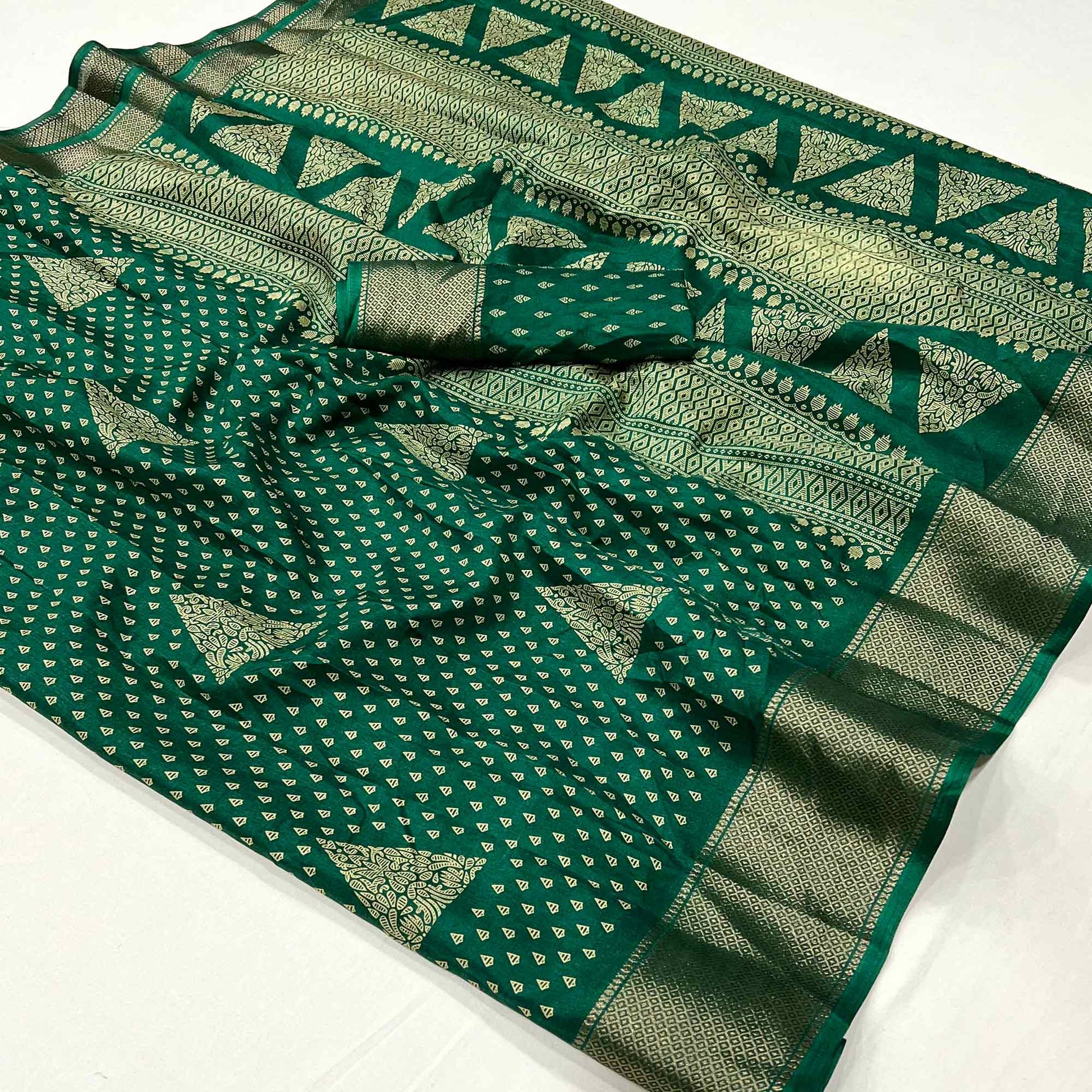 green-geometric-printed-dola-silk-saree-with-zari-border