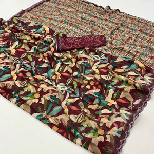 Maroon Floral Digital Printed Georgette Saree With Zarkan Border