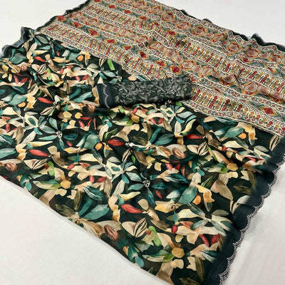 Bottle Green Floral Digital Printed Georgette Saree With Zarkan Border