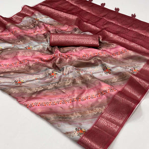 Gajari Pink Floral Woven With Digital Printed Art Silk Saree