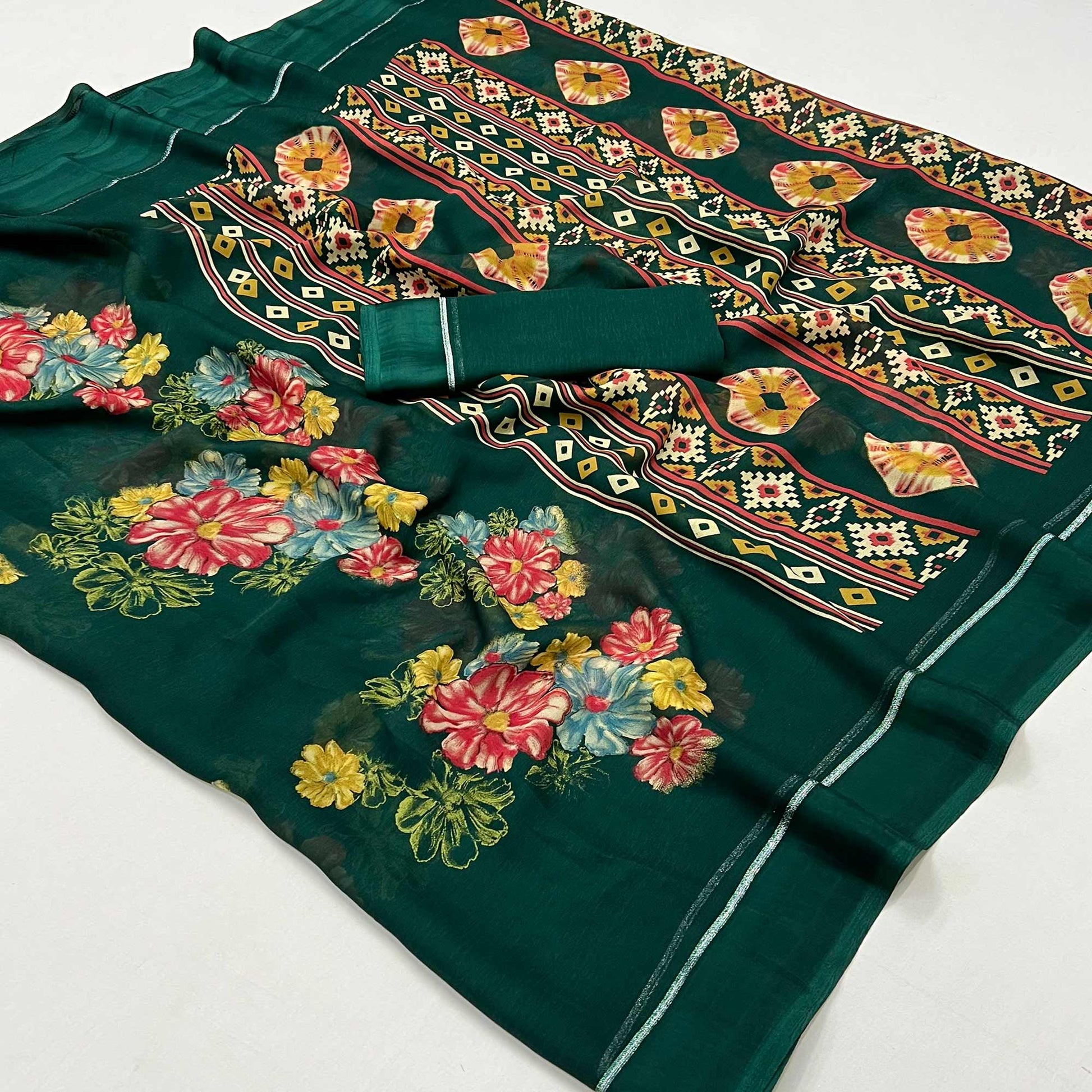 green-floral-printed-georgette-saree-with-fancy-zari-border