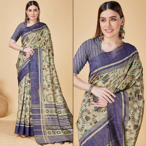 Chikoo & Blue Printed Bhagalpuri Silk Saree With Tassels