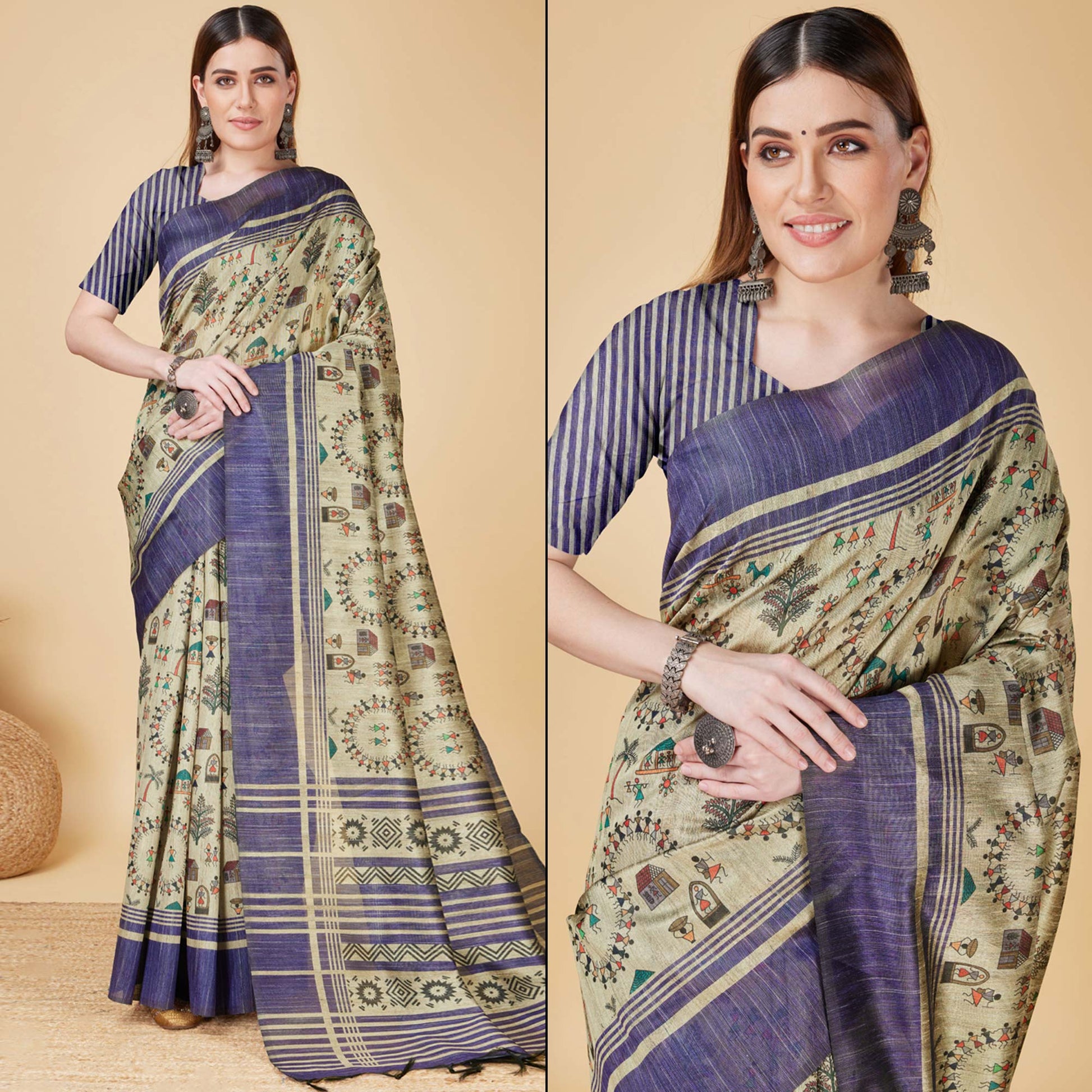Chikoo & Blue Printed Bhagalpuri Silk Saree With Tassels