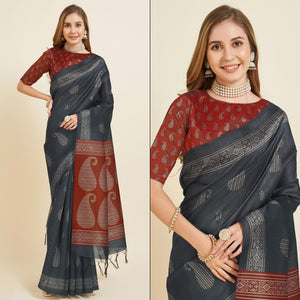grey-digital-printed-bhagalpuri-silk-saree-with-tassels