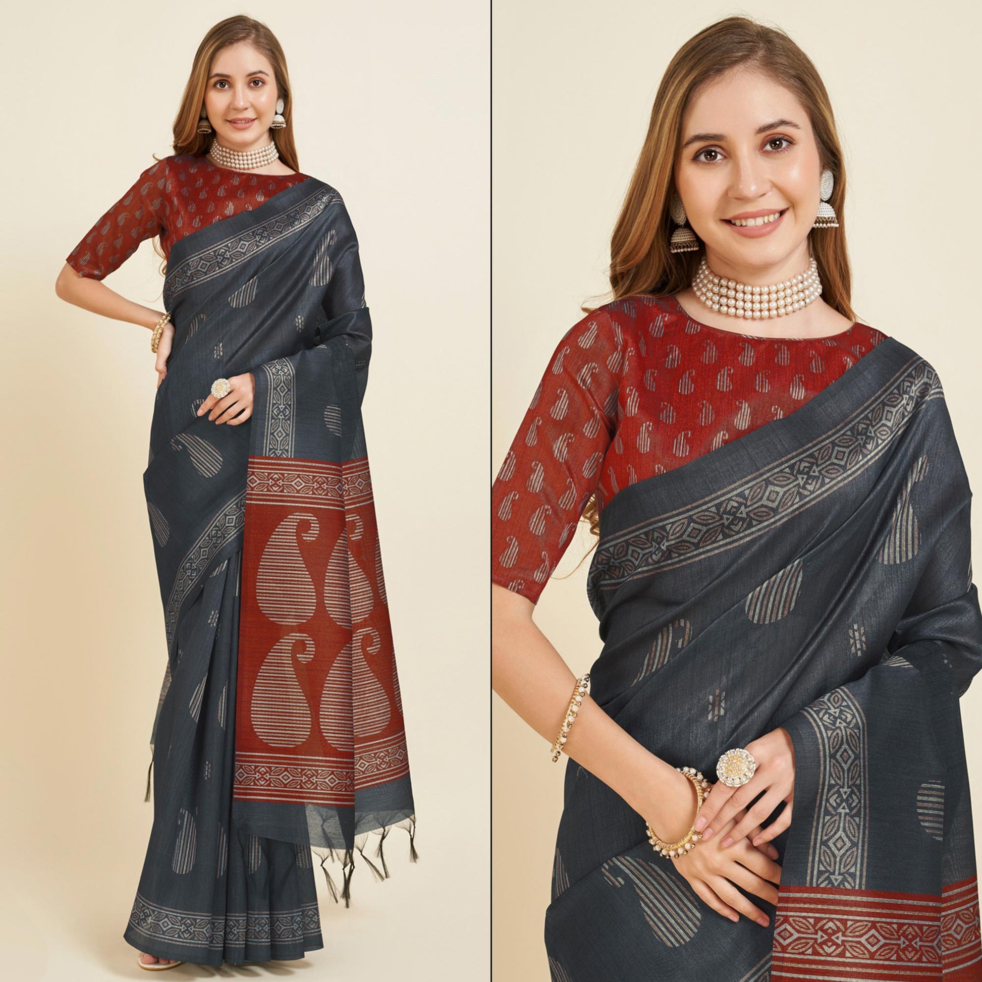 grey-digital-printed-bhagalpuri-silk-saree-with-tassels