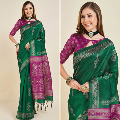 green-digital-printed-bhagalpuri-silk-saree-with-tassels