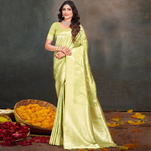 Light Green Floral Woven Cotton Silk Saree With Tassels