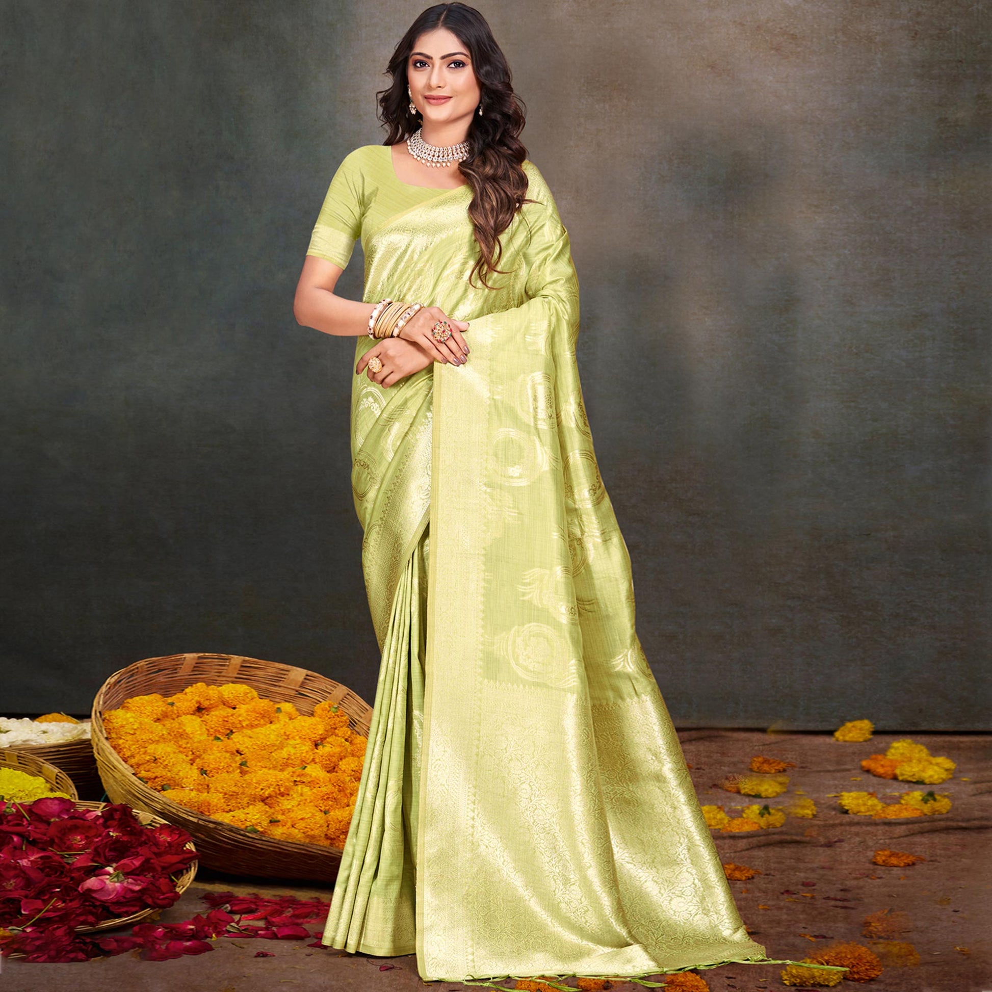 Light Green Floral Woven Cotton Silk Saree With Tassels