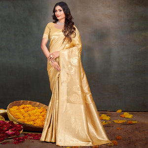 Cream Floral Woven Cotton Silk Saree With Tassels