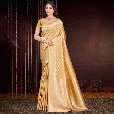 Cream Floral Woven Cotton Silk Saree With Tassels