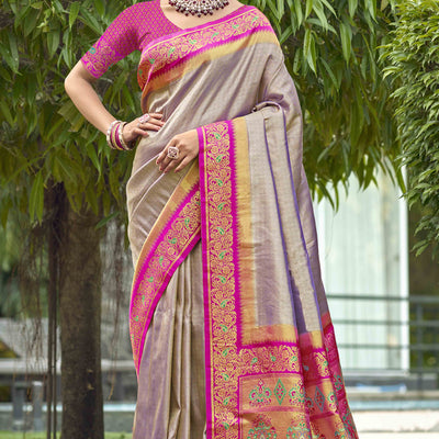 Grey Zari Weaving Organza Saree