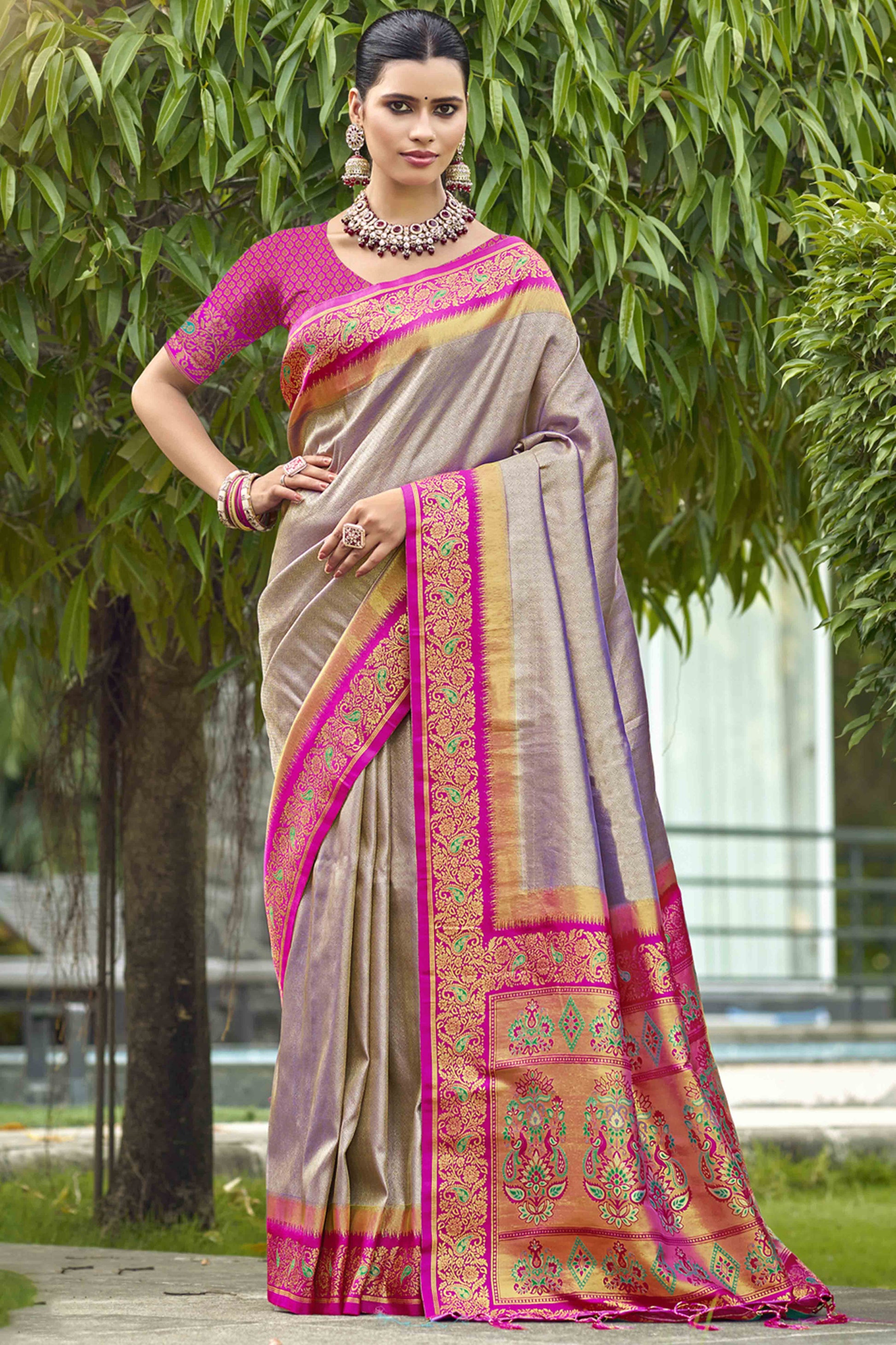 Grey Zari Weaving Organza Saree