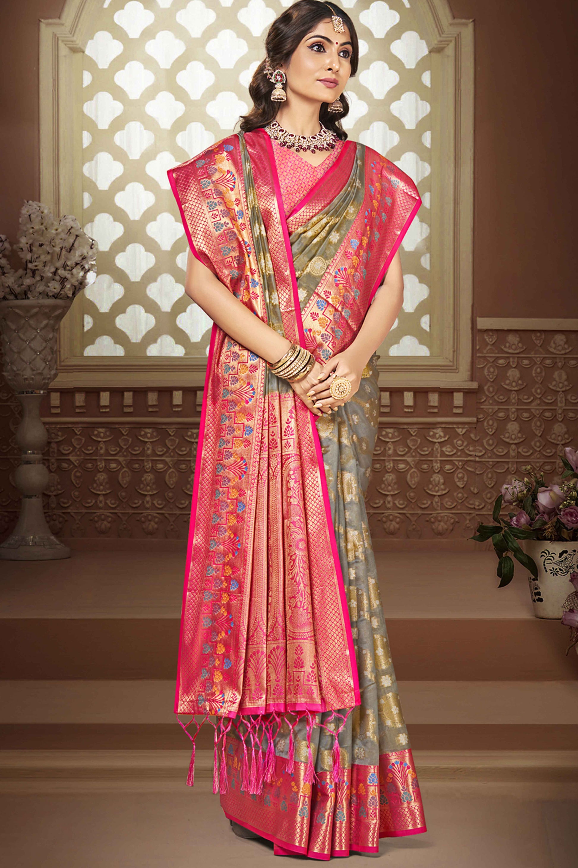 grey-floral-woven-banarasi-silk-saree-with-tassels