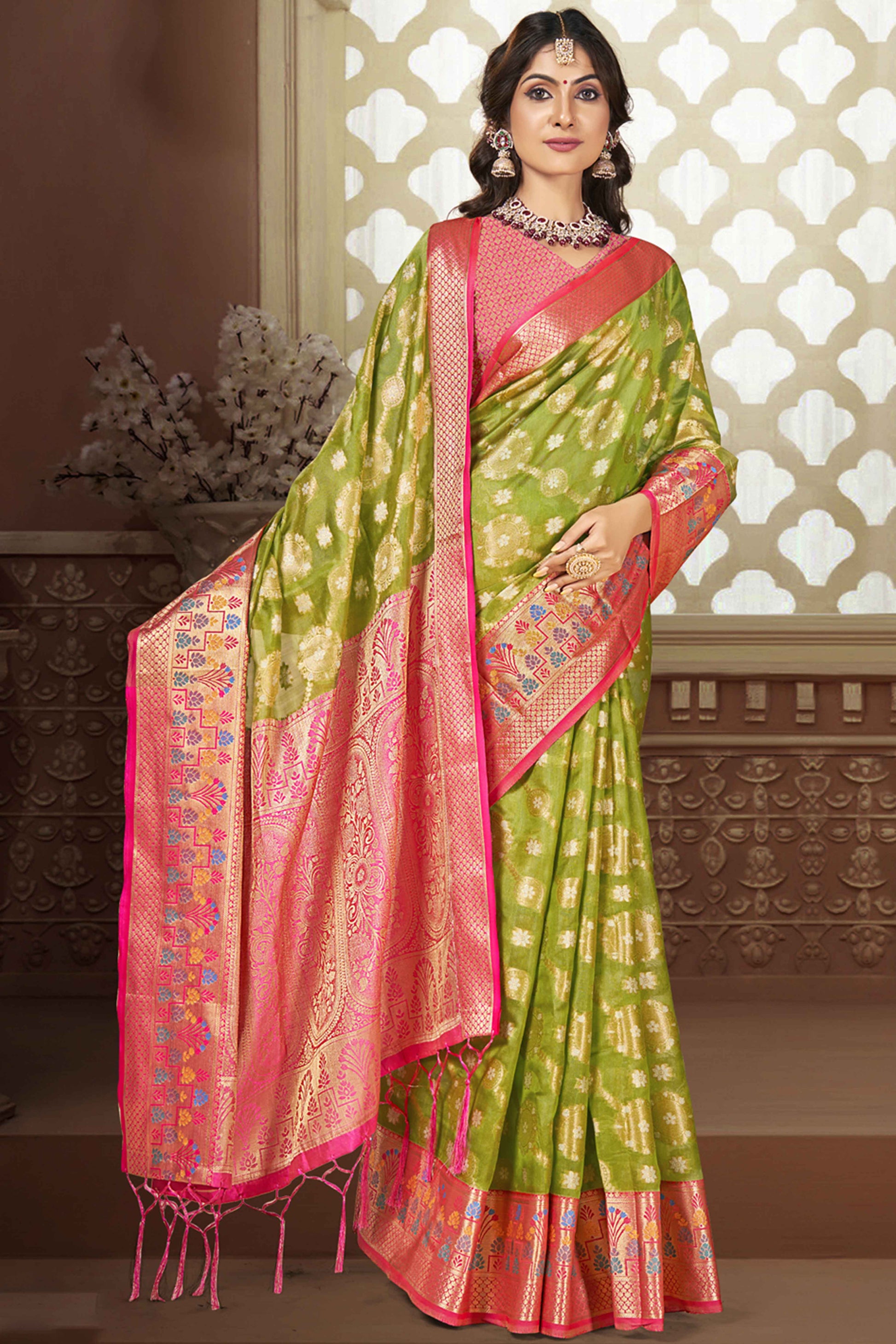 green-floral-woven-banarasi-silk-saree-with-tassels-20
