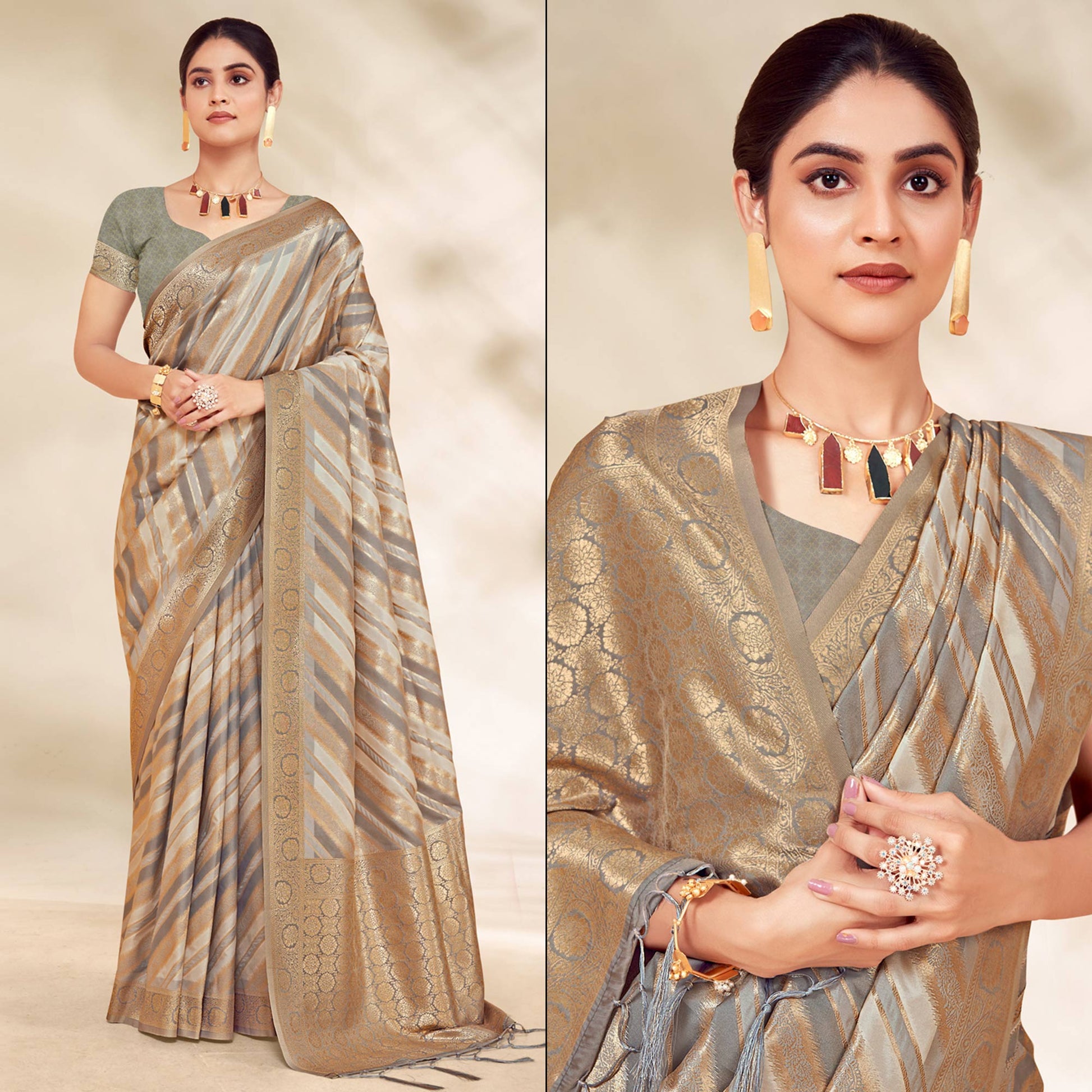 Grey Woven Cotton Silk Saree With Tassels