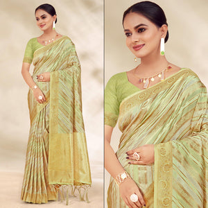Light Green Woven Cotton Silk Saree With Tassels