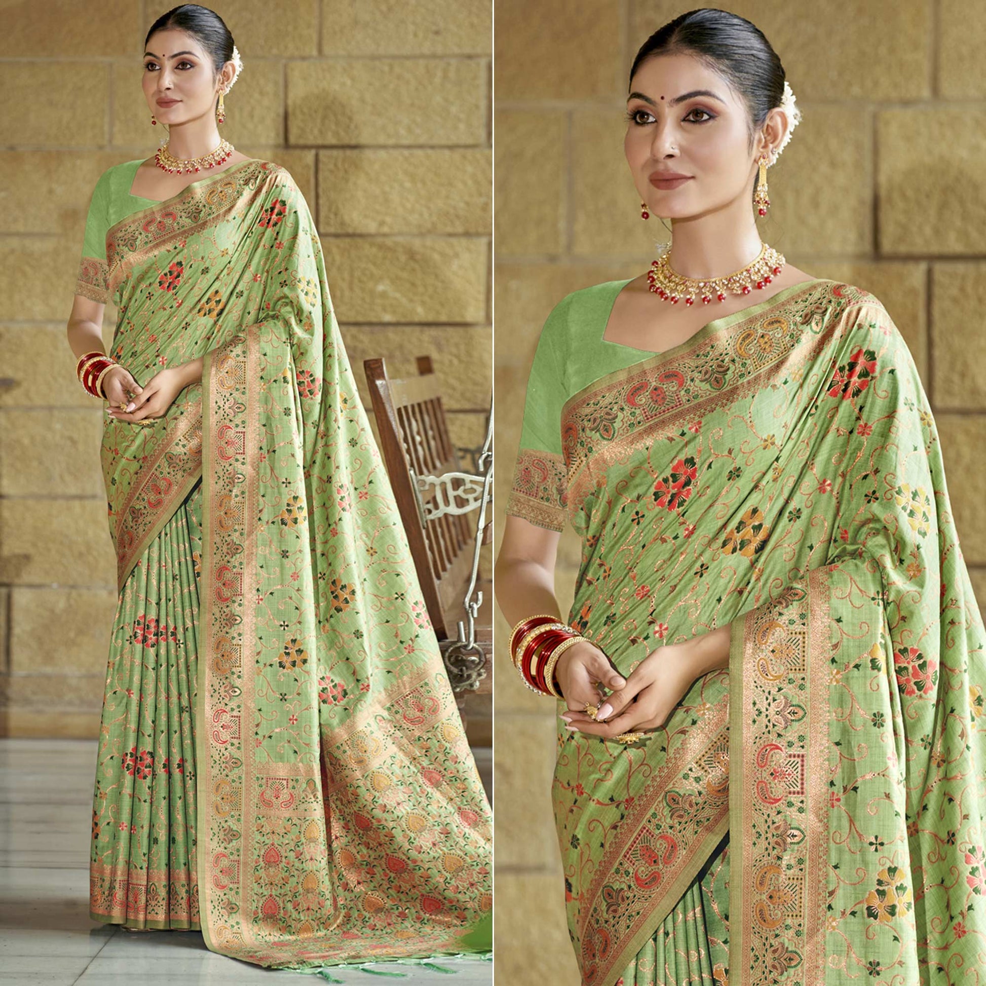 green-floral-zari-woven-cotton-silk-saree