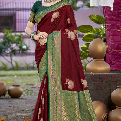 Maroon Floral Woven Banarasi Silk Saree With Tassels