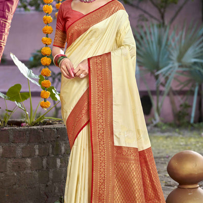 Cream Floral Woven Banarasi Silk Saree With Tassels
