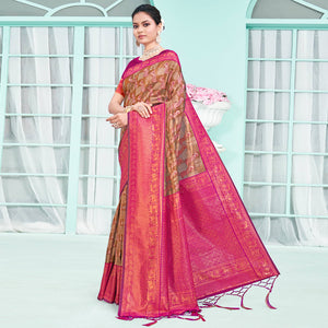 Brown & Rani Pink Woven Cotton Silk Saree With Tassels