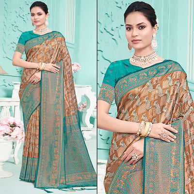 Brown & Rama Green Woven Cotton Silk Saree With Tassels