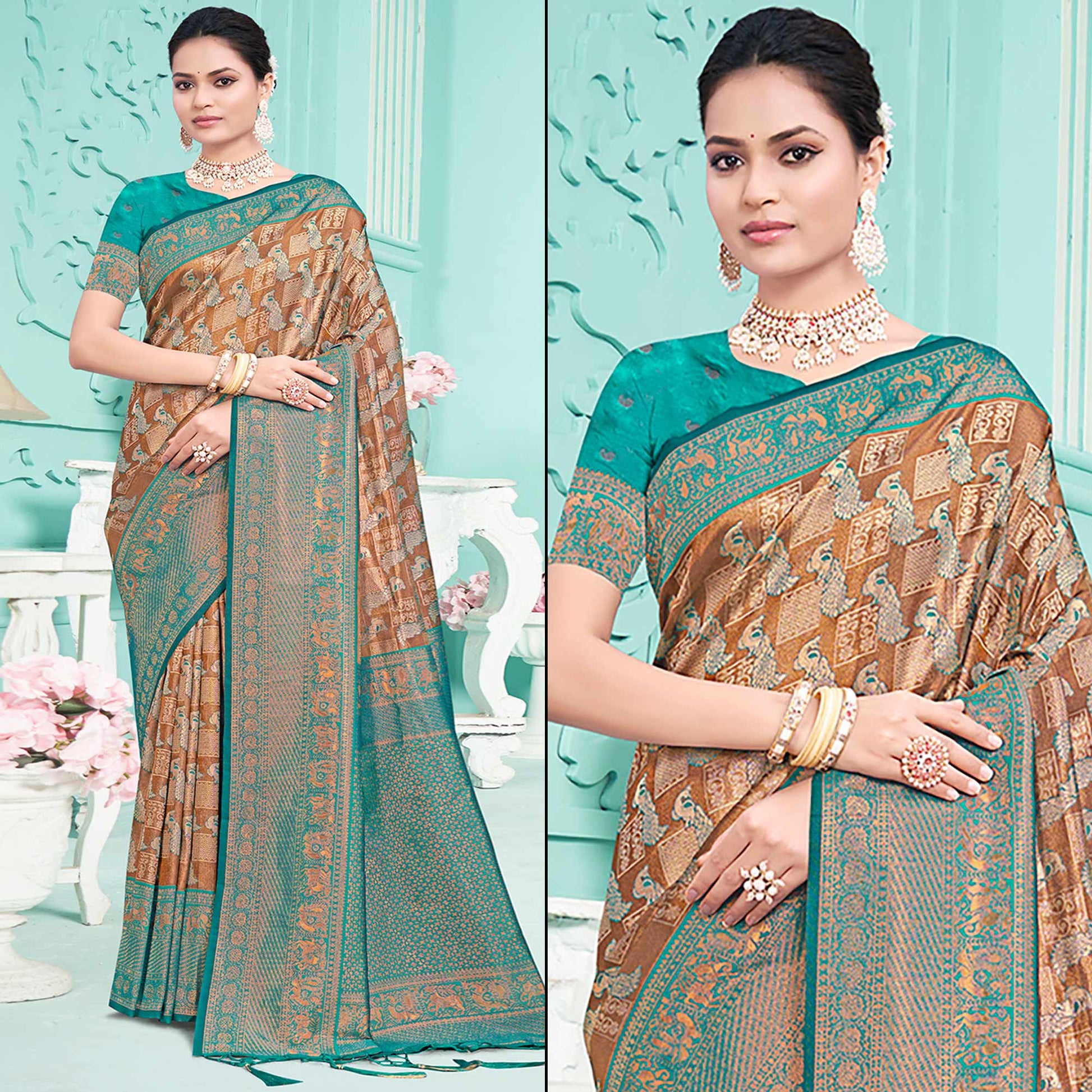 Brown & Rama Green Woven Cotton Silk Saree With Tassels