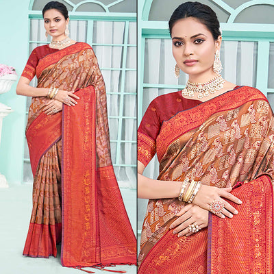 Brown & Maroon Woven Cotton Silk Saree With Tassels