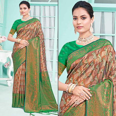 Brown & Green Woven Cotton Silk Saree With Tassels