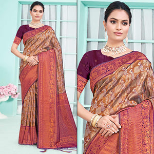 Brown & Purple Woven Cotton Silk Saree With Tassels