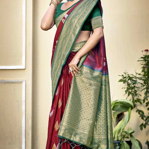 Maroon Woven Banarasi Silk Saree With Tassels