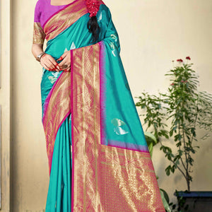 Blue Woven Banarasi Silk Saree With Tassels