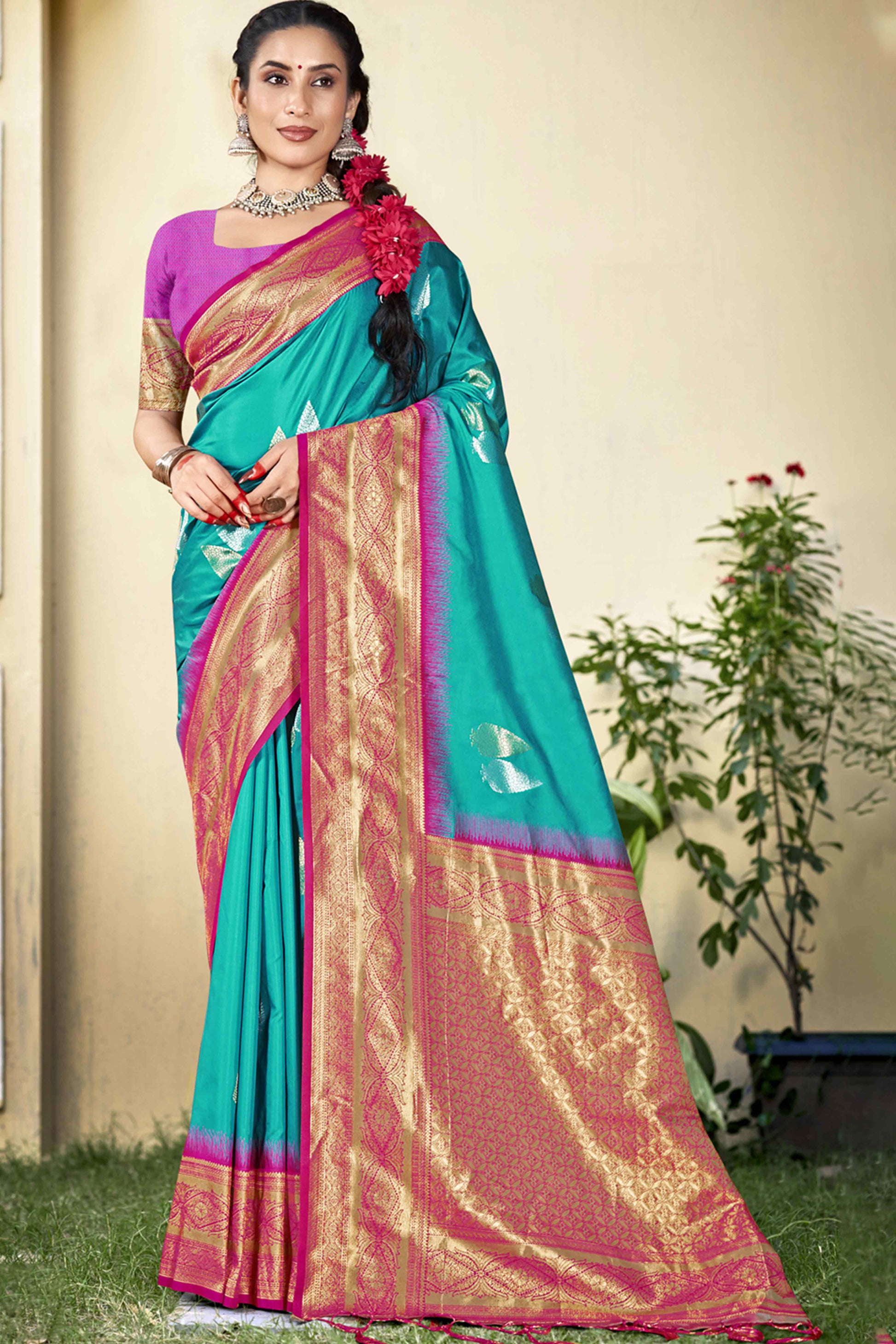 Blue Woven Banarasi Silk Saree With Tassels