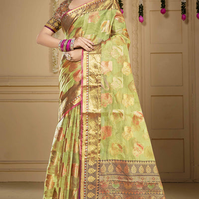 Light Green Floral Woven Organza Saree With Tassels